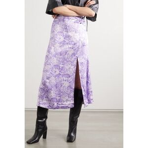 Ganni Ruched Floral-Print Satin Midi Skirt in Lavender